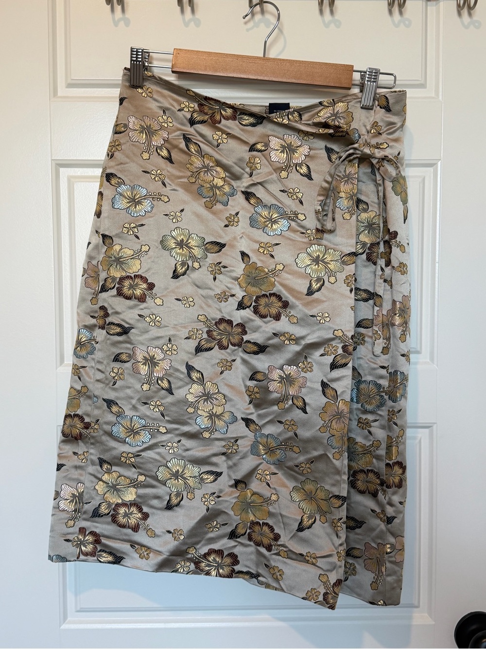 Magaschoni Beige Floral Wrap Midi Skirt with Gold Accents